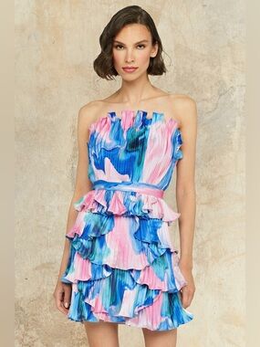 Amur Jayda blue pink pleated shell mini dress